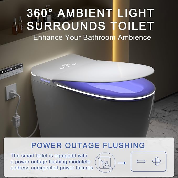 Luxury Smart Toilet with Foam Shield Auto-Open/Close Lid | Heated Seat for Bathrooms, Multiple Cleaning Modes,Aromatic Spray,Air Purification,Smart Foot Sensor