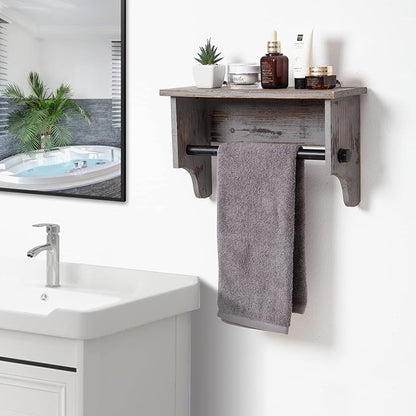 Wall Mounted Bathroom Towel Rack Torched Wood Rustic Brown Hanging Floating Shelf Industrial Black Metal Pipe Bar Restroom Organizer Robe Shampoo Body Wash Holder Clothing Kitchen Storage Home