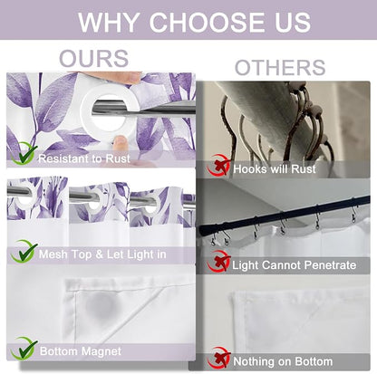No Hook Shower Curtain and Liner Set, Light Purple Eucalyptus 71x74 | Floral Design, with Snap in Liner, Waterproof, Machine Washable, Quick-Drying, for Hotel Bathroom