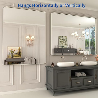 WEER 48X36 Inch Brushed Nickel Bathroom Mirror, Brushed Silver Metal Frame Mirror, Rounded Rectangle Silver Bathroom Vanity Mirror, Tempered Glass, Anti-Rust, Hangs Horizontally or Vertically