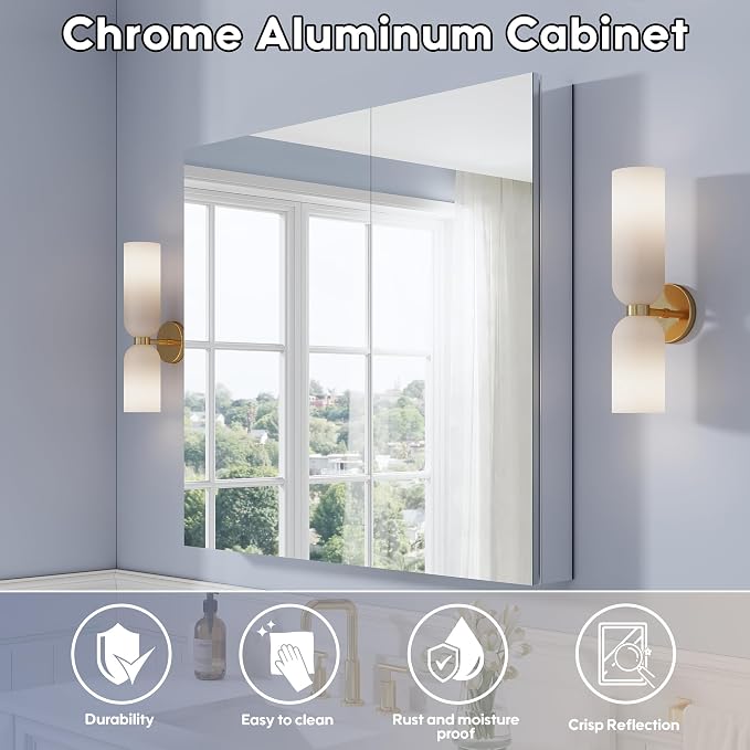 40" x 36" Bathroom Medicine Cabinet with Mirror, Anodized Chrome Aluminum Frame, Surface Mount or Recessed Medicine Cabinet with Mirror, Bathroom Mirror with Storage, Double Doors