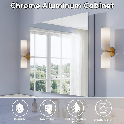 40" x 36" Bathroom Medicine Cabinet with Mirror, Anodized Chrome Aluminum Frame, Surface Mount or Recessed Medicine Cabinet with Mirror, Bathroom Mirror with Storage, Double Doors