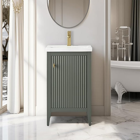 Vanity Art 20 inch Bathroom Vanity with Single Sink & Ceramic Top, Vanity Cabinet with Soft-Closing Door, Solid Wood Frame, Linear Pattern, Vintage Green, Golden Brushed Handware VA9120-VG-GB