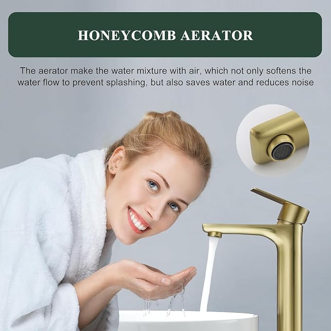 TONNY Single Handle Gold Bathroom Sink Faucet | Tall Vanity Faucet with Deck Plate for 1 or 3 Holes, Stainless Steel, with Pop Up Drain for Vessel Sink Laundry Lavatory RV