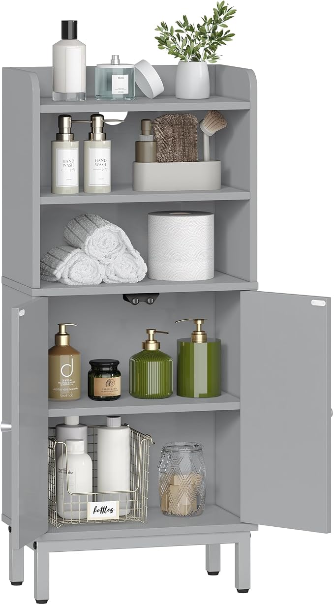 Hzuaneri Bathroom Storage Cabinet, Small Floor Cabinet with 2 Door | Toilet Paper Cabinets, Bathroom Organizer with Adjustable Shelf, for Small Spaces, Gray, Arch Door,7.1" Dx14.6 Wx32.7 H