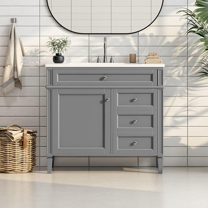 Merax 36'' Bathroom Vanity Without Top Sink, Solid Rubberwood Frame Cabinet | Modern Bathroom Vanity Storage Cabinet with 2 Drawers, Tip-out Drawer, Adjustable Shelf, Soft Closing Doors, Grey