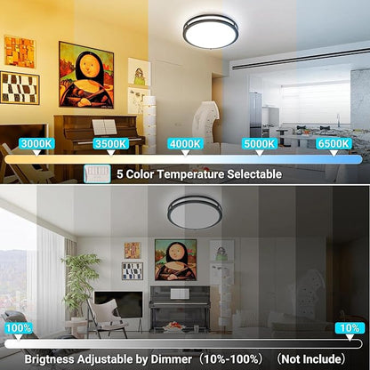 Light fixture with color temperature and brightness adjustment options displayed in a home setting.