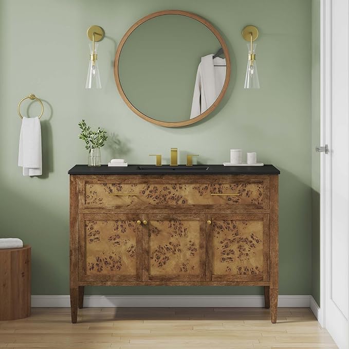 Modway Elysian 48" Burl Wood Single Bathroom Vanity in Black Brown with Ceramic Sink Basin