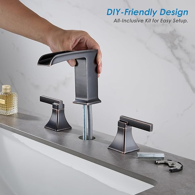 Oil Rubbed Bronze Bathroom Faucet, Sanliv 3-Piece Widespread Bathroom Faucets for 3-Hole Sinks 4-8 Inch, Bronze Waterfall Vanity Faucet with Pop-Up Drain (ORB)