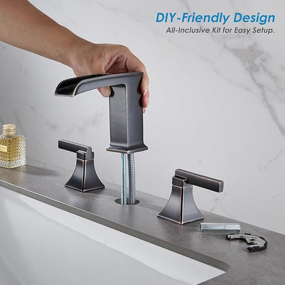 Oil Rubbed Bronze Bathroom Faucet, Sanliv 3-Piece Widespread Bathroom Faucets for 3-Hole Sinks 4-8 Inch, Bronze Waterfall Vanity Faucet with Pop-Up Drain (ORB)