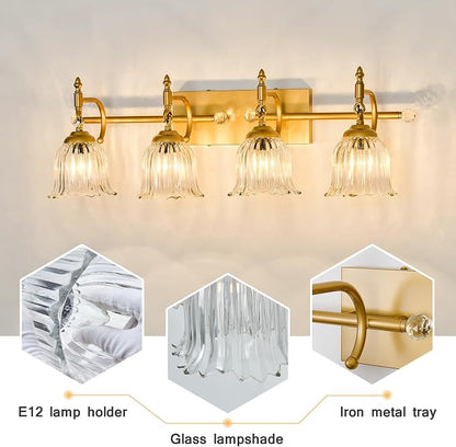 CVKASH 4-Light Bathroom Vanity Light Fixtures Over Mirror,Brushed Gold Modern Vanity Lights with Glass Shade Vintage Wall Sconce for Bedroom Dressing Room Living Room Hallway Cabinet