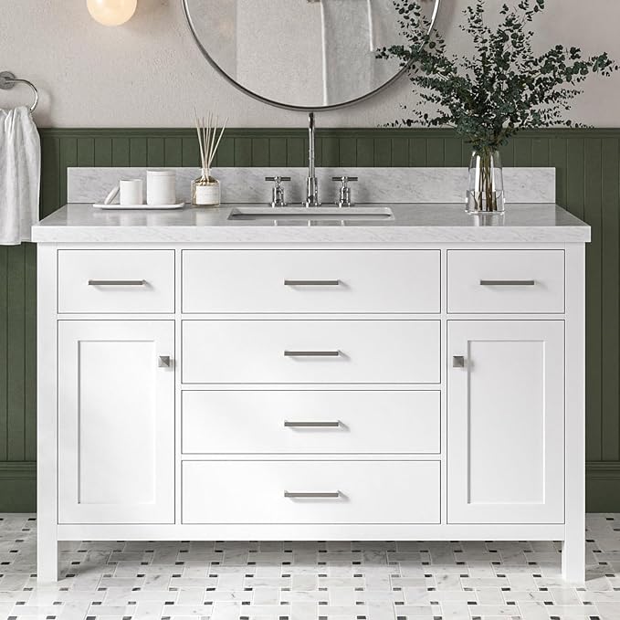 DKB Alenza 54-Inch White Bathroom Vanity with Sink, Italian Carrara Marble Countertop & Backsplash, Rectangular Undermount, 2 Soft Closing Doors, 5 Dovetail Drawers, Brushed Nickel Hardware