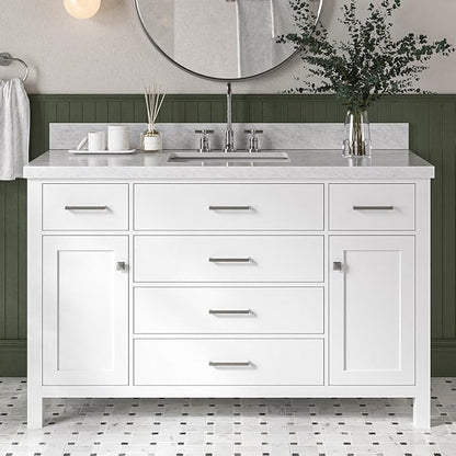 DKB Alenza 54-Inch White Bathroom Vanity with Sink, Italian Carrara Marble Countertop & Backsplash, Rectangular Undermount, 2 Soft Closing Doors, 5 Dovetail Drawers, Brushed Nickel Hardware