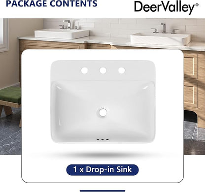 DeerValley 24x19 Inch Rectangular Drop-in Bathroom Sink, White Semi Recessed Vessel Sink with Overflow and Three Faucet Holes, Ceramic Vanity Basin, DV-1DS0121