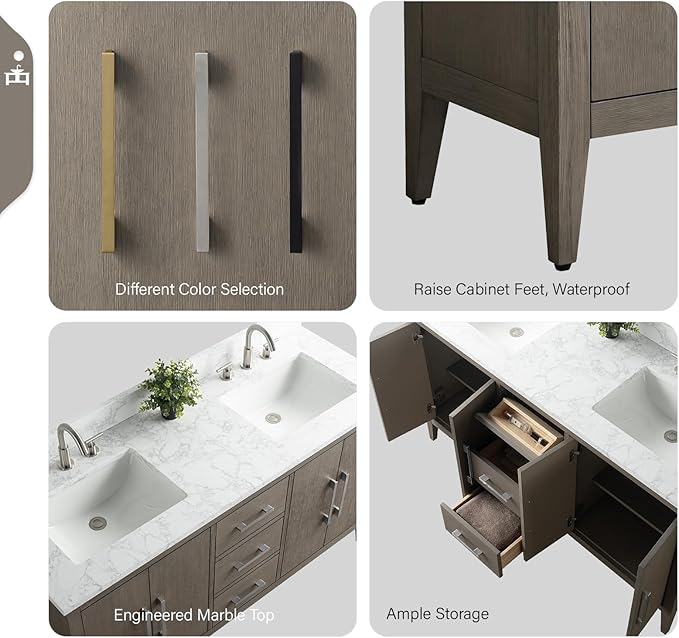 Vanity Art 60 inch Bathroom Vanity with Double Sink & Ceramic Top, Vanity Cabinet with Soft-Closing Doors, Drawers, Solid Wood Frame, Driftwood Gray, VA9060-DDG-MB1