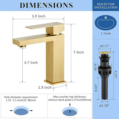 Tohlar Gold Bathroom Faucet, Brushed Gold Faucet for Bathroom Sink, Gold Single Hole Bathroom Faucet Modern Single Handle Vanity Basin Faucet with Overflow Pop Up Drain Stopper and Water Supply Lines