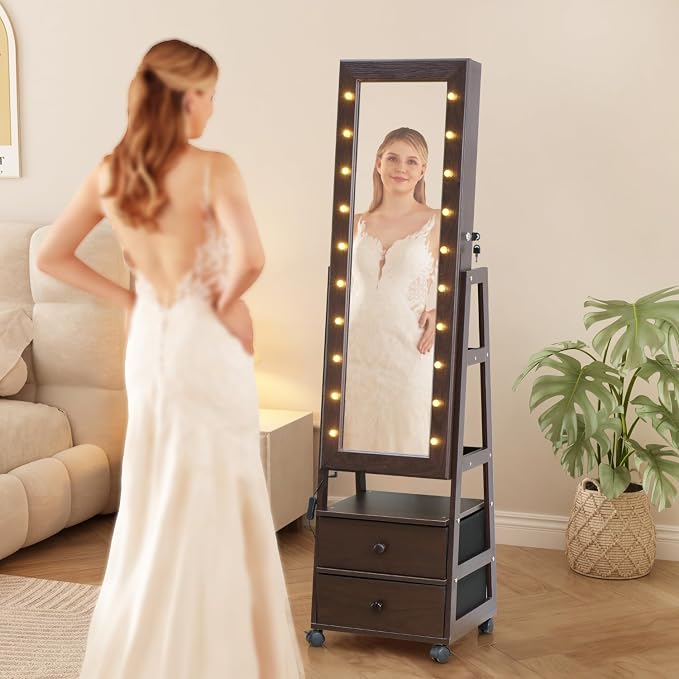 Jewelry Armoire Cabinet Organizer Standing with 20 LED Lights Lockable | Full Length Mirror with Storage Shelves and 2 Drawers (Brown) Adjustable Tilt Angles Gift for Her