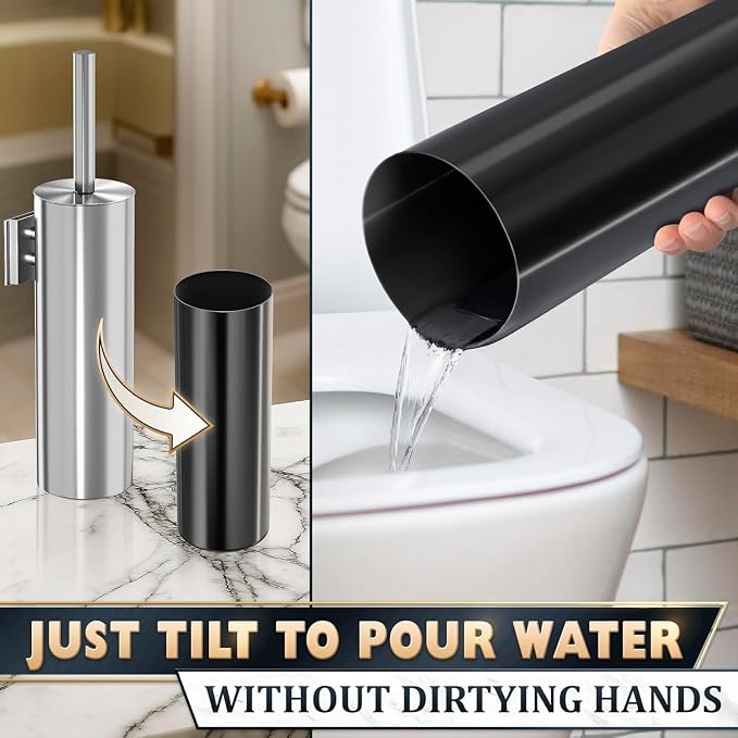 Silver Toilet Brush and Holder Set, Stainless Steel (Wall Mounted) | Bathroom Trash Can and Toilet Brush Set, Splash Protection & Dense Bristles for Bathroom Cleaning, Fits Most Standard Toilets