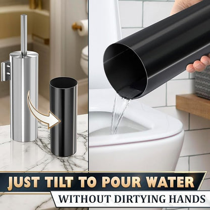 Silver Toilet Brush and Holder Set, Stainless Steel (Wall Mounted) | Bathroom Trash Can and Toilet Brush Set, Splash Protection & Dense Bristles for Bathroom Cleaning, Fits Most Standard Toilets