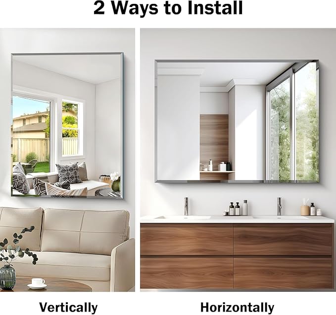 CILIBER Beveled Mirror, 50x36 Large Bathroom Mirrors for Over Sink, Lightweight Design Beveled Frameless Vanity Mirror Wall Mounted, Crystal-Clear 3mm Tempered Glass, Horizontally or Vertically