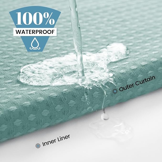 SORTTO No Hook Shower Curtain with Snap in Liner Set Waffle Shower Curtain for Bathroom Hotel Style Fabric Waterproof Inner Liner，71" W x 74" H, Teal