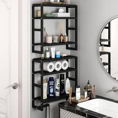Galood Over The Toilet Storage Bathroom Shelves Wall Mounted Black Sets | 3 Tier Space Saver Corner Shelf Organizer Bamboo Towel Rack Toilet Paper Cabinet with Hanging Rod