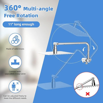 8" Metal Rainfall Shower Head with 10-Mode Handheld, Chrome | NSF/ANSI/CAN 372 Certified, High Pressure Showerhead Combo with 11" Adjustable Shower Arm, 71" Hose, Shower Head Holder
