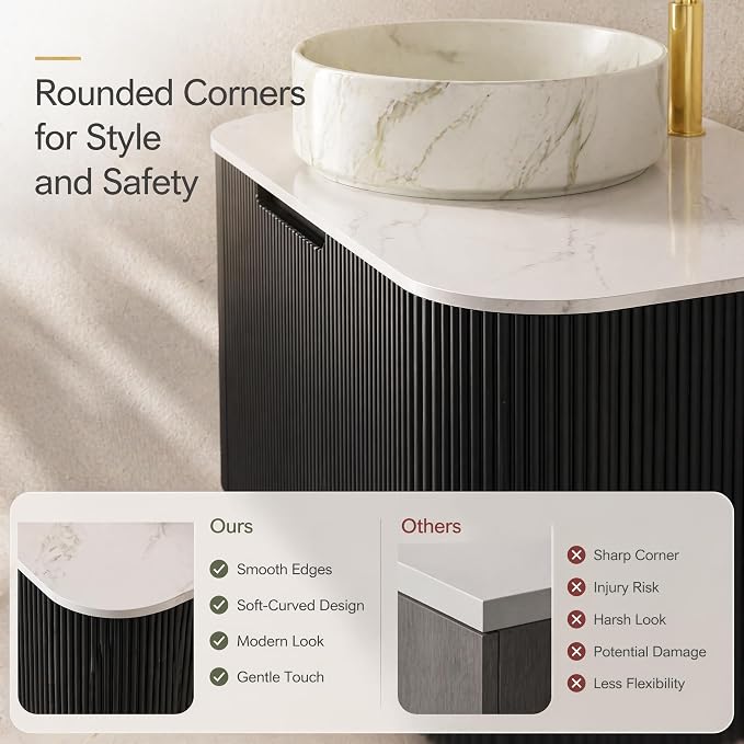 30 Inch Bathroom Vanity with Sink, Floating Wall Mounted Single Sink Vanity, Black Curved Fluted Front, Stone Top, Marble-Look Round Vessel Basin, Pre-Assembled