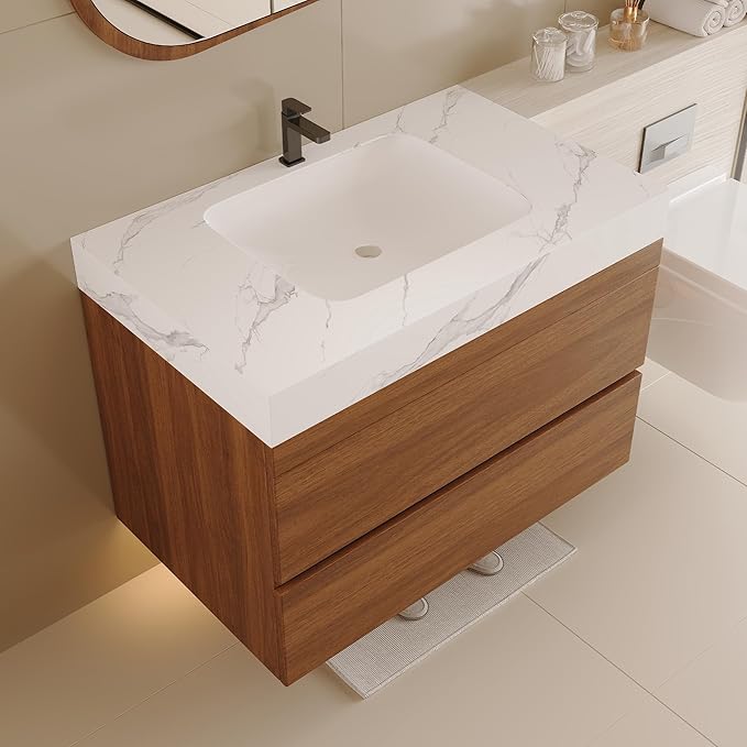 30 inch Modern Floating Bathroom Vanity with Ceramic Sink and Faux Marble Countertop, Wall-Mounted Bathroom Sink Cabinet with 2 Soft Closing Drawers for Bathroom, Powder Room, Apartment, Walnut