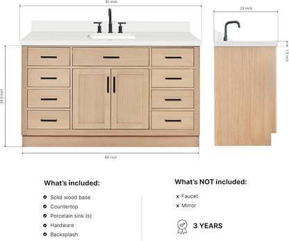 ARIEL Hepburn 60-inch Bathroom Vanity with Sink,Solid Wood, 1.5-inch Pure White Quartz Countertop, Single Rectangular Porcelain Sink, 2 Soft Closing Doors, 9 Dovetail Drawers, White Oak