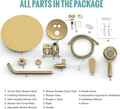 SR SUN RISE 12" Brushed Gold Rain Shower Faucet Set with Valve & Handheld | Dual-function High Pressure Shower System, 6-Setting Handheld, Pressure-balanced Valve Anti-Scald, Push-button Diverter