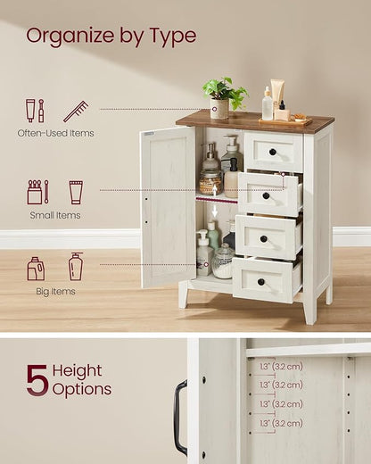 VASAGLE LIRY Collection - Storage Cabinet, Farmhouse Bathroom Floor Cabinet with 4 Drawers, Freestanding Storage Organizer, Barn Door, Adjustable Shelf, Rustic White, UBBK753W01