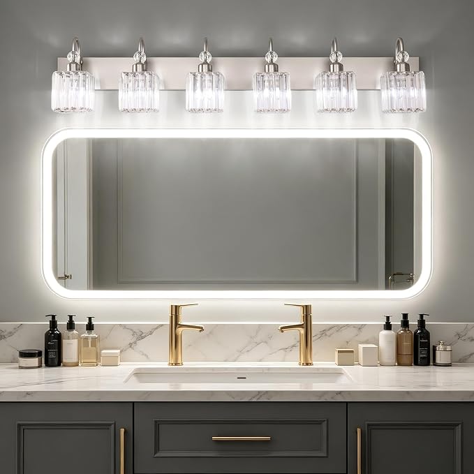 Ralbay Crystal Vanity Light for Bathroom Brushed Nickel Modern 6 Light Bathroom Lighting Fixtures Over Mirror