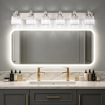 Ralbay Crystal Vanity Light for Bathroom Brushed Nickel Modern 6 Light Bathroom Lighting Fixtures Over Mirror