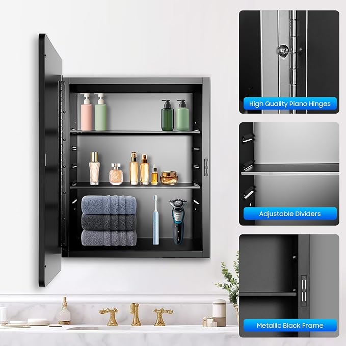16x22 Medicine Cabinet with Mirror, Black Metal, Recessed or Surface Mount | 2 adjustable metal shelves, soft-close hinge, reversible installation, 95% assembled, cutout 13.82"W x 17.52"H x 3.66"D