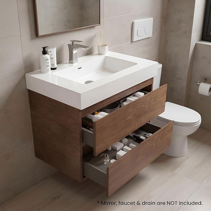 30" Floating Bathroom Vanity with Sink, Modern Bathroom Cabinet with Top and Soft Close Drawers, Spacious Storage for Small Space, Walnut - Lavanda Collection