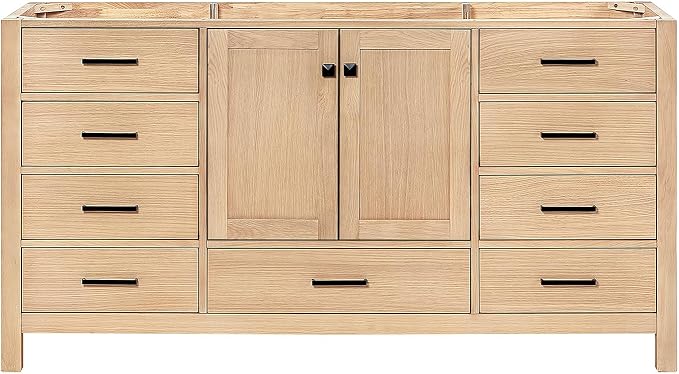 ARIEL Cambridge 66-inch Bathroom Vanity Base Cabinet,Solid Wood, 2 Soft Closing Doors, 9 Dovetail Drawers, White Oak