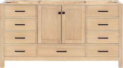 ARIEL Cambridge 66-inch Bathroom Vanity Base Cabinet,Solid Wood, 2 Soft Closing Doors, 9 Dovetail Drawers, White Oak