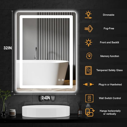 LED Bathroom Mirror with Lights, 24 x 32 Lighted Vanity Wall Mirror | Backlit and Frontlit, Anti-Fog, Dimmable 3 Colors, Shatter-Proof Tempered Glass, Memory Function, Plug-in/Hardwired