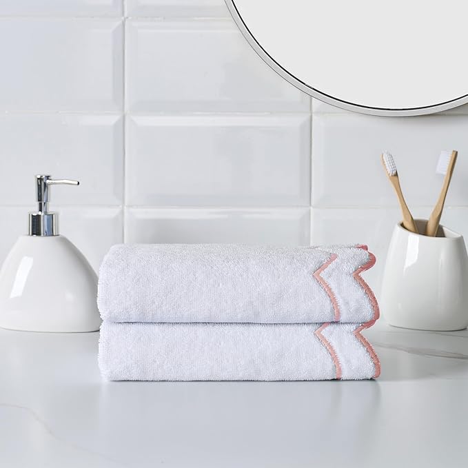 Peri Home 100% Cotton Hand Towel for Bathroom, Embroidered, Soft & Absorbent, 500 GSM, 1 Piece, 16" x 27", White with Blush Scallop | Bathroom, Embroidered, Soft & Absorbent