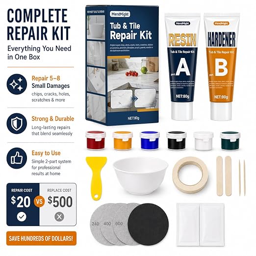 6-Color Tile Repair Kit for Porcelain Sink: DIY Fix - Match 90% Shades | Solve ugly patches – 6-color blend matches 90% shades, invisible. Waterproof, heat-proof.