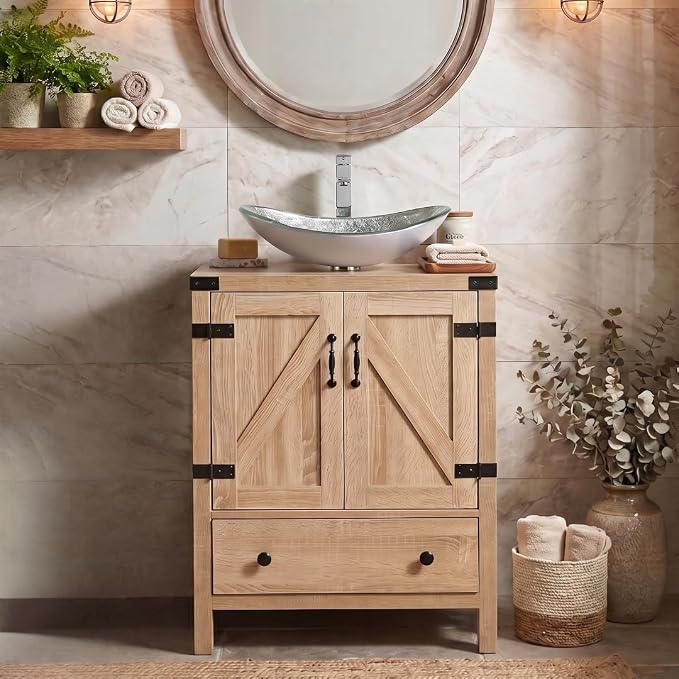 24 inch Natural Color Bathroom Vanity, Rustic Fixture Standing Pedestal Cabinet with Silver Boat Vessel Sink