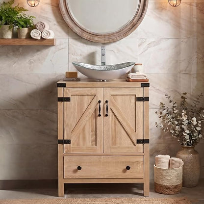 24 inch Natural Color Bathroom Vanity, Rustic Fixture Standing Pedestal Cabinet with Silver Boat Vessel Sink