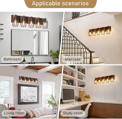 5-Light Farmhouse Bathroom Vanity Light, Wood Bathroom Lighting Fixtures Over Mirror, Black Vanity Light Fixtures with Cage Metal Shade, Rustic Bathroom Light with E26 Base