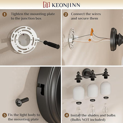 Keonjinn 2-Light Bathroom Light Fixtures, Black Vintage Vanity Lights for Mirror with Frosted Glass Shades, UL Listed E26 Base(Bulbs Not Included), Reversible Vanity Lighting Fixtures for Bathroom