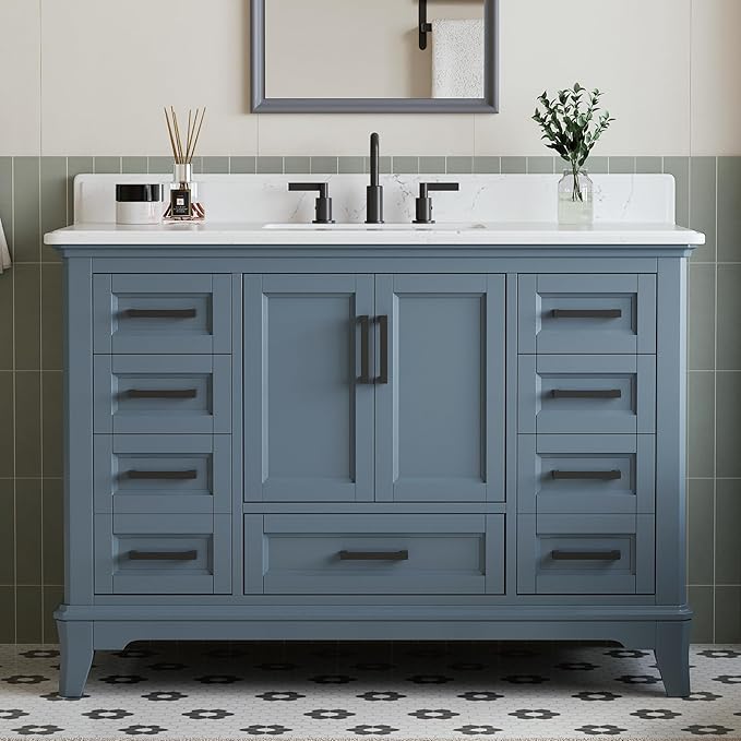 48" Bathroom Vanity with Sink, Fully Assembled, Steel Blue | Solid Wood Bathroom Vanities Set with Quartz Countertop, 2 Soft Close Doors & 7 Full Extension Dovetail Drawers