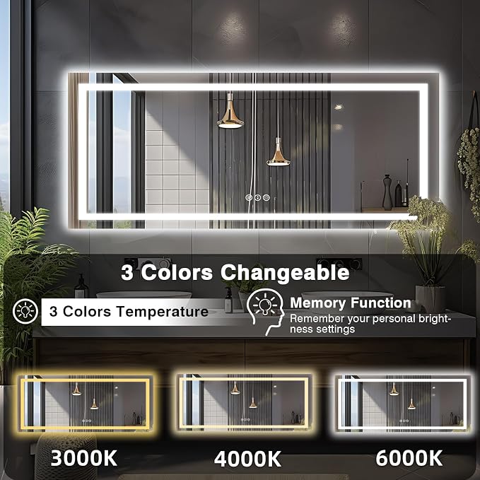 EchosLife 96"x36" Large LED Bathroom Mirror with Lights | Backlit + Front Lit, Anti-Fog, Stepless Dimmable, 3 Colors, Memory, Tempered Glass, UL Listed, Horizontal/Vertical