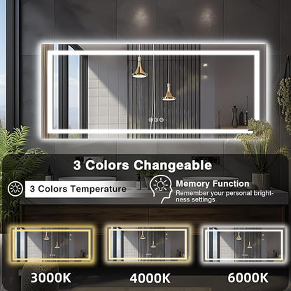EchosLife 96"x36" Large LED Bathroom Mirror with Lights | Backlit + Front Lit, Anti-Fog, Stepless Dimmable, 3 Colors, Memory, Tempered Glass, UL Listed, Horizontal/Vertical