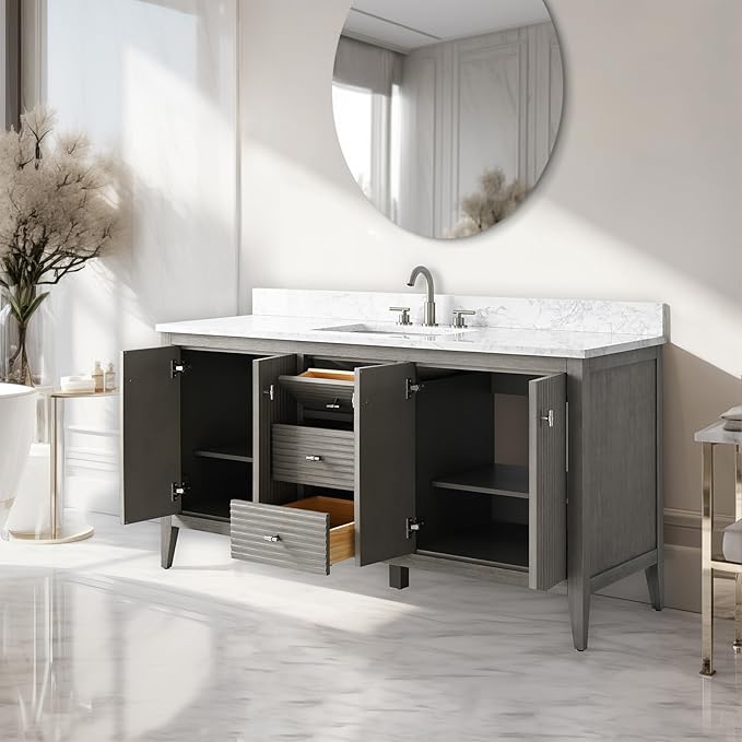 Vanity Art 60 inch Bathroom Vanity with Single Sink & Ceramic Top, Vanity Cabinet with Soft-Closing Door, Solid Wood Frame, Linear Pattern, Driftwood Gray, VA9160-SDG-MB,Matte Black Handles