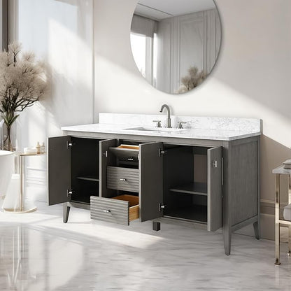 Vanity Art 60 inch Bathroom Vanity with Single Sink & Ceramic Top, Vanity Cabinet with Soft-Closing Door, Solid Wood Frame, Linear Pattern, Driftwood Gray, VA9160-SDG-MB,Matte Black Handles